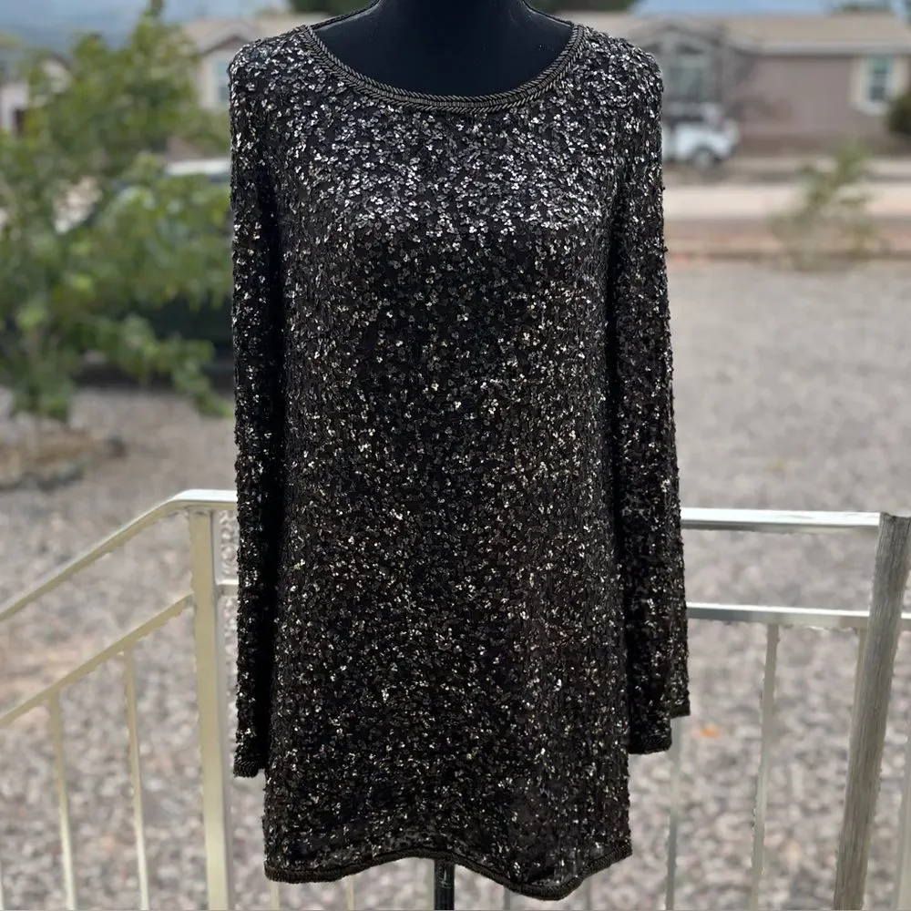 all saints long sleeve sequin dress All Saints Tavi Bronze Hand Sequin Beaded Mini Long Sleeve Sequin Dress NYE  6